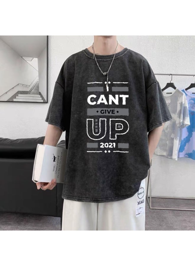 Minimalist Loose Fit Oversized Men's Printed T-shirt Distressed Washed Versatile Extra Large Can Wear Up To 300 Jin Summer Short Sleeve T-shirt