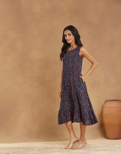Fabindia Blue Cotton Ajrakh Printed Midi Dress