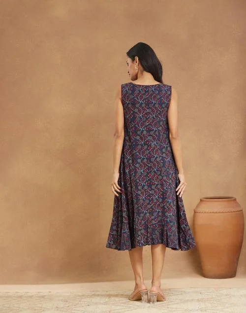 Fabindia Blue Cotton Ajrakh Printed Midi Dress
