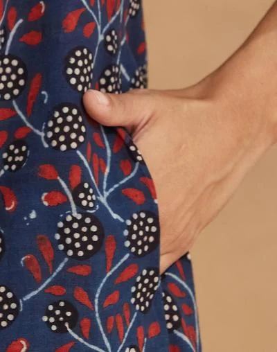 Fabindia Blue Cotton Ajrakh Printed Midi Dress