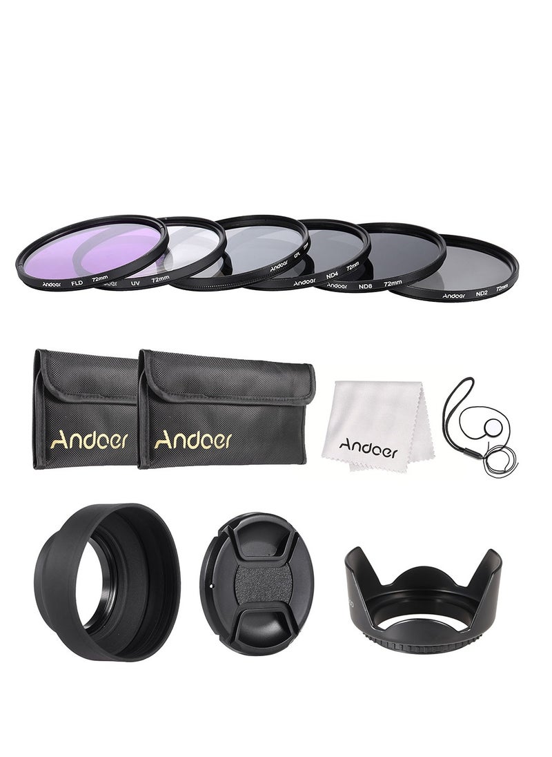 ANDOER Andoer 72mm Lens Filter Kit UV+CPL+FLD+ND(ND2 ND4 ND8) with Carry Pouch / Lens Cap / Lens Cap Holder / Tulip & Rubber Lens Hoods / Cleaning Cloth  - Image 1