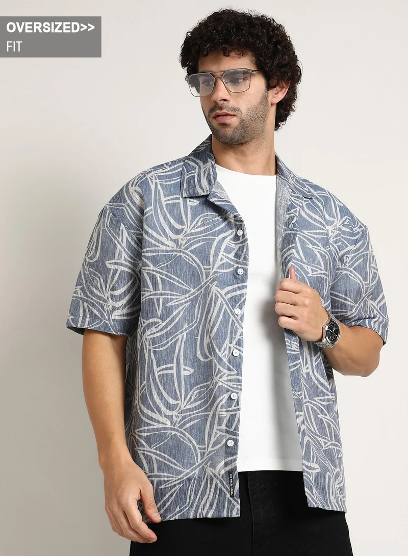 Campus Sutra Campus Sutra Men's Steel Blue Vine-Lines Resort Oversized Shirt For Casual Wear | Cuban Collar | Short Regular Sleeves | Button Closure | Oversized Shirt Crafted With Comfort Fit For Everyday Wear