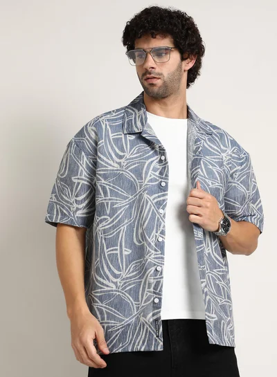 Campus Sutra Men's Steel Blue Vine-Lines Resort Oversized Shirt
