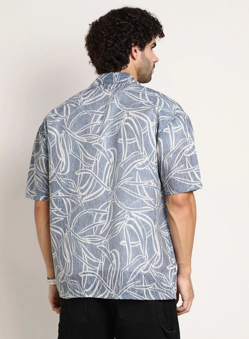 كامبوس سوترا Men's Steel Blue Vine-Lines Resort Oversized Shirt