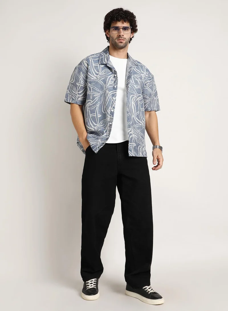 كامبوس سوترا Men's Steel Blue Vine-Lines Resort Oversized Shirt