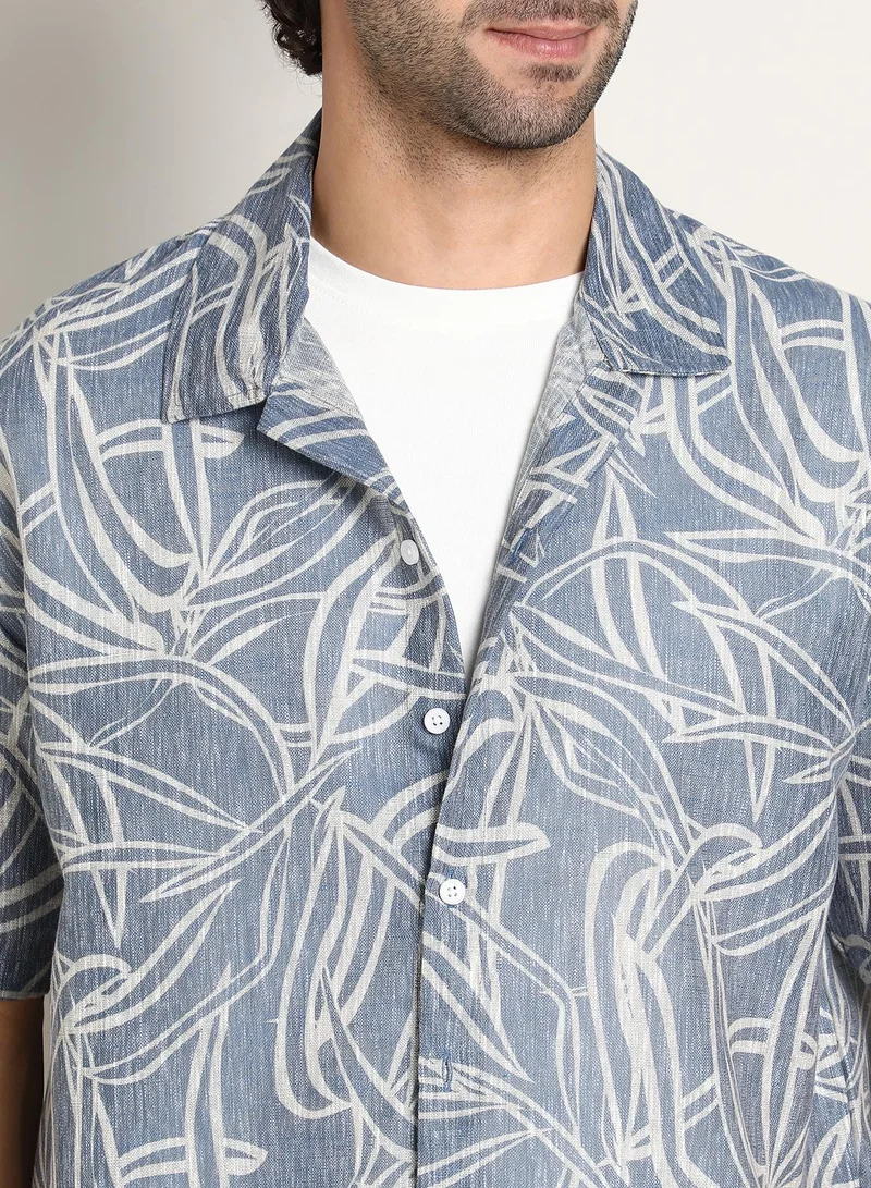 كامبوس سوترا Men's Steel Blue Vine-Lines Resort Oversized Shirt