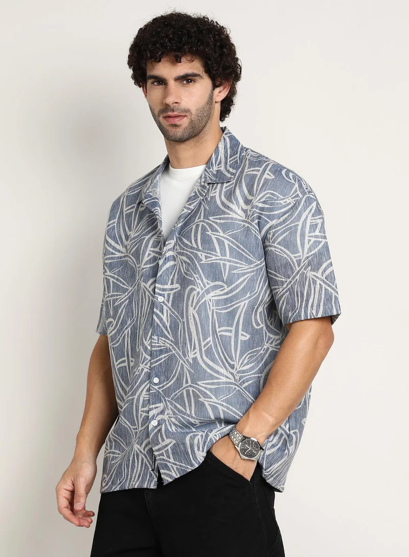 كامبوس سوترا Men's Steel Blue Vine-Lines Resort Oversized Shirt