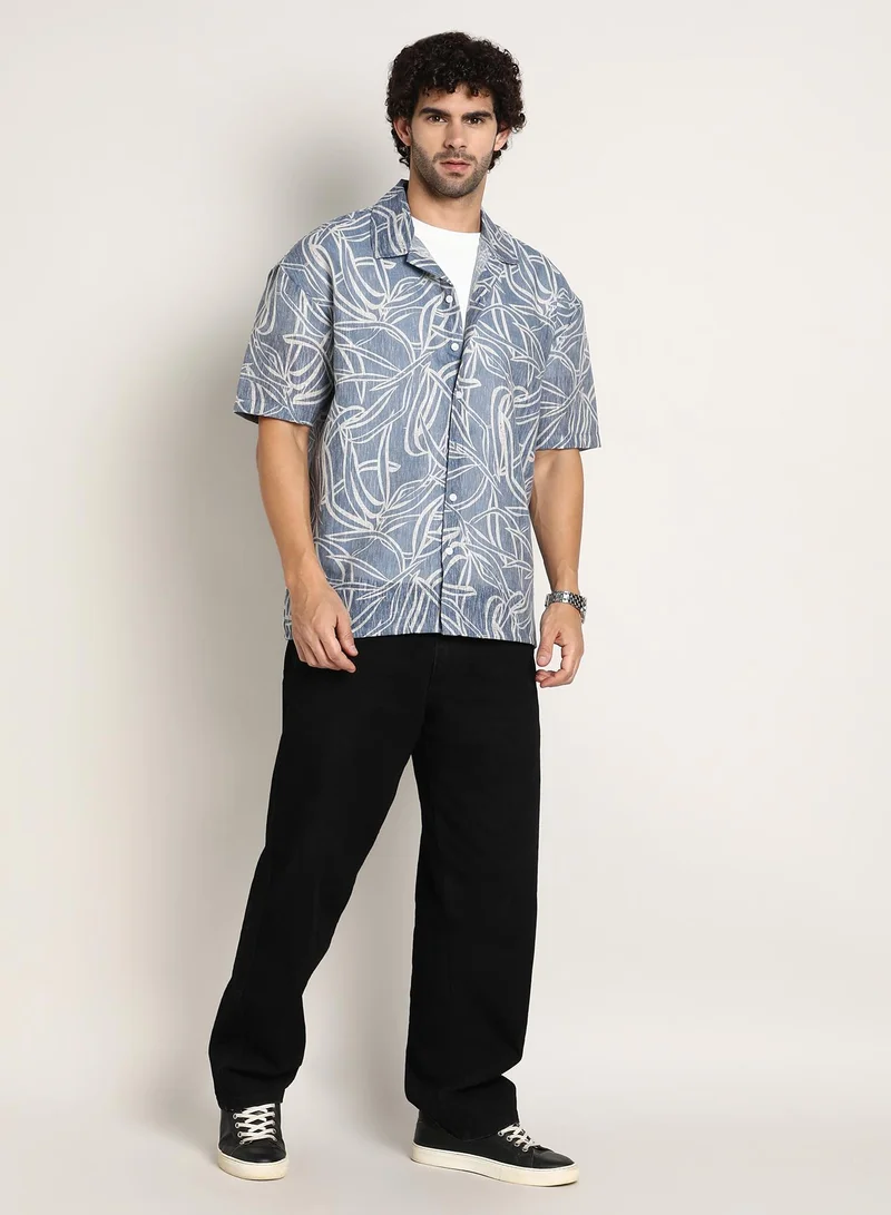 كامبوس سوترا Men's Steel Blue Vine-Lines Resort Oversized Shirt