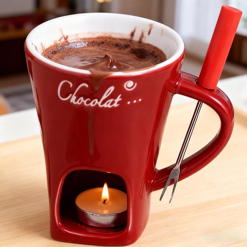 Chocolate Fondue Cup - Butter Warmer with Fork - Personal Fondue Coffee Mug Warmer - for Seafood Appetizer Dessert Sauce Candy Bread Caramel Date Night Birthday Wedding Party - Image 3