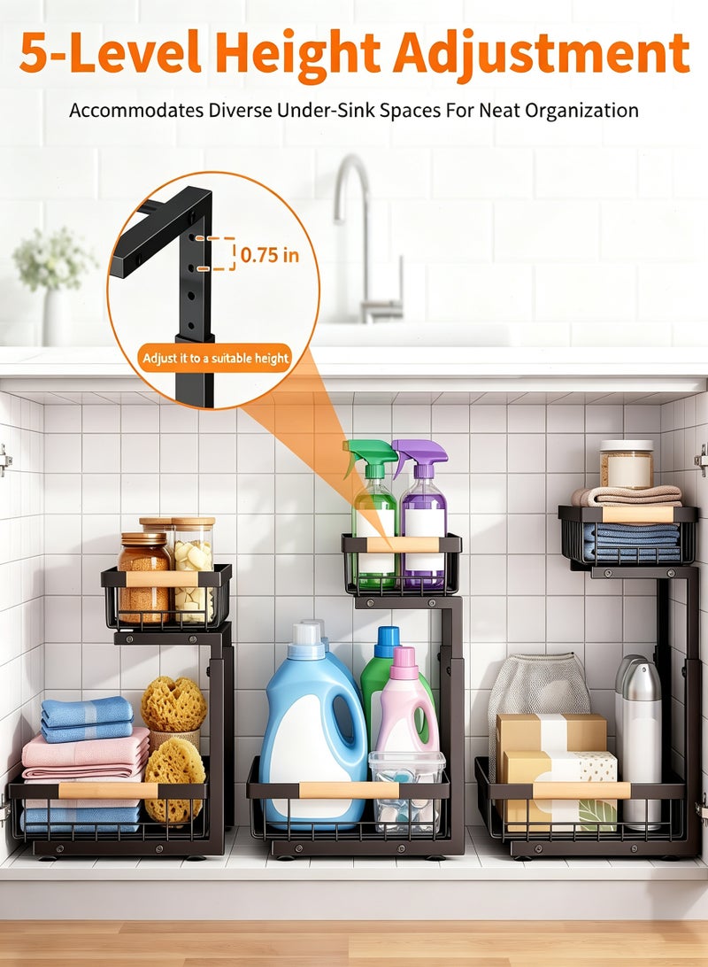 Under Sink Organizer, 2-Tier Pull-Out Under Cabinet Storage Rack, Adjustable Height Metal Organizer for Kitchen, Bathroom and Laundry Room, Black - Image 5