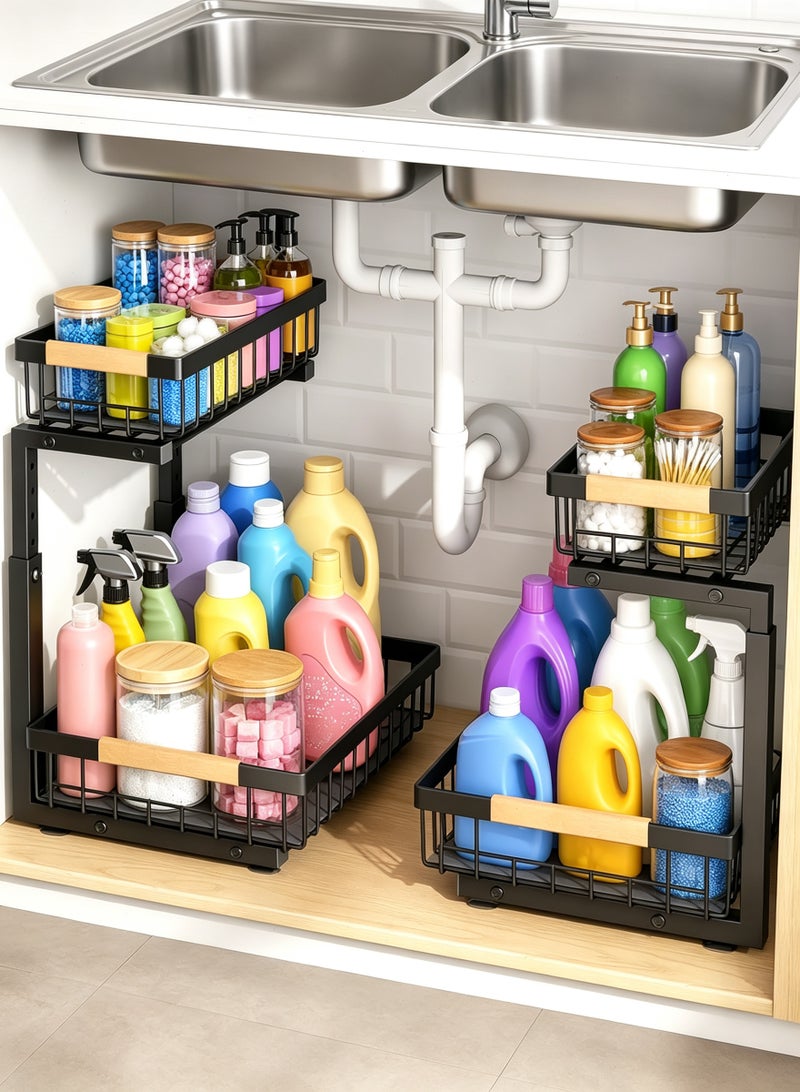 Under Sink Organizer, 2-Tier Pull-Out Under Cabinet Storage Rack, Adjustable Height Metal Organizer for Kitchen, Bathroom and Laundry Room, Black - Image 3