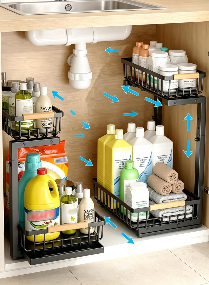 Under Sink Organizer, 2-Tier Pull-Out Under Cabinet Storage Rack, Adjustable Height Metal Organizer for Kitchen, Bathroom and Laundry Room, Black - Image 1