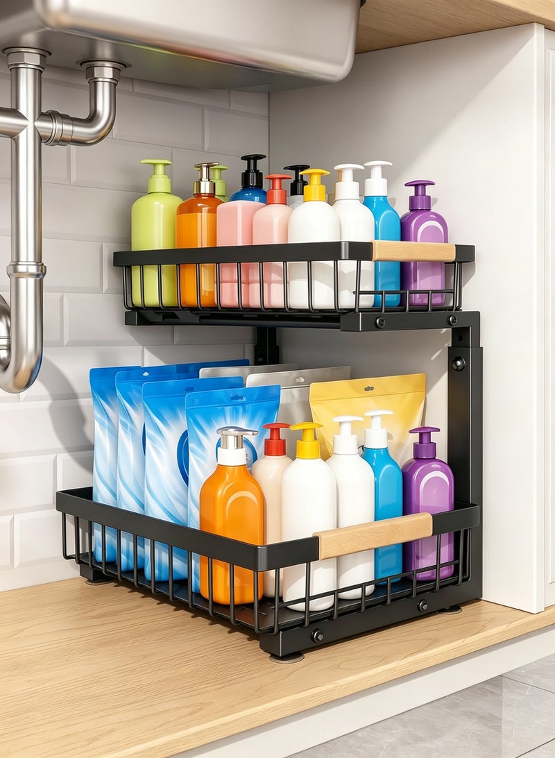 Under Sink Organizer, 2-Tier Pull-Out Under Cabinet Storage Rack, Adjustable Height Metal Organizer for Kitchen, Bathroom and Laundry Room, Black - Image 2