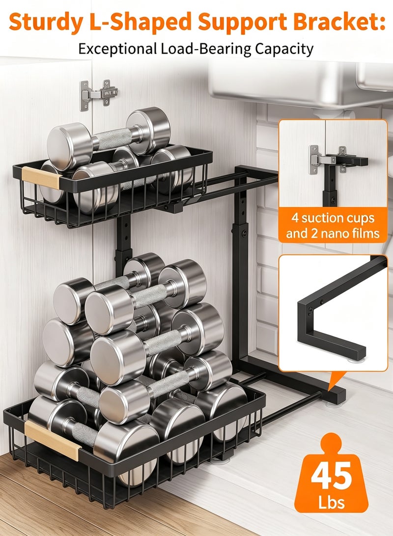 Under Sink Organizer, 2-Tier Pull-Out Under Cabinet Storage Rack, Adjustable Height Metal Organizer for Kitchen, Bathroom and Laundry Room, Black - Image 4