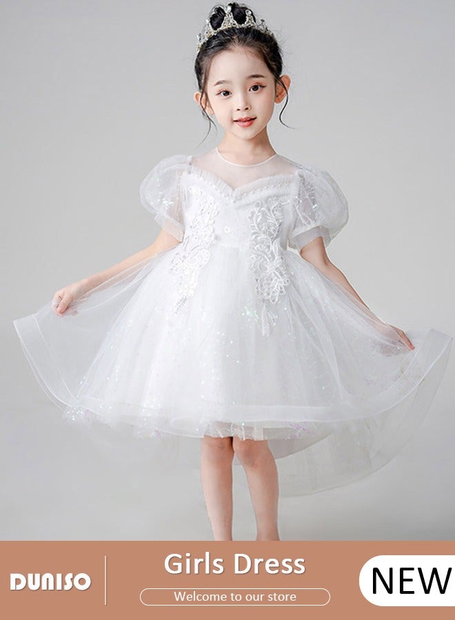 DUNISO Girls Dress Kids Short Sleeves Lace Party Dresses White Dress with Tutu Skirt Toddler Princess Birthday Party Wedding Dresses  - Image 1