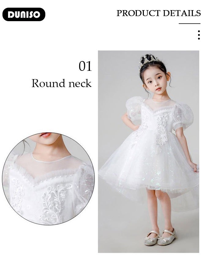 DUNISO Girls Dress Kids Short Sleeves Lace Party Dresses White Dress with Tutu Skirt Toddler Princess Birthday Party Wedding Dresses  - Image 4