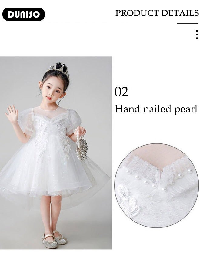 DUNISO Girls Dress Kids Short Sleeves Lace Party Dresses White Dress with Tutu Skirt Toddler Princess Birthday Party Wedding Dresses  - Image 5