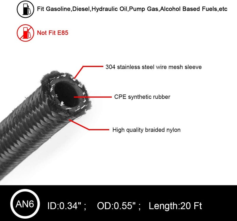 Partschoice 20 Feet -6AN AN6 3/8" Fuel Line Hose Braided Stainless Steel Oil Gas Fuel Hose Line, Black & Blue - Image 5
