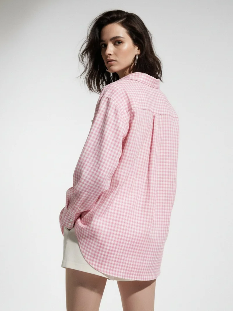 Outzidr  Pink Oversized Check Shirt With Placement Embellishment Detail for Women | Best Price UAE