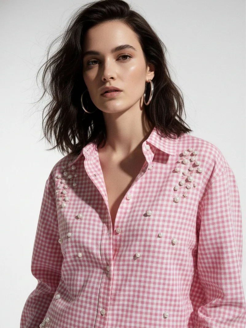Outzidr  Pink Oversized Check Shirt With Placement Embellishment Detail for Women | Best Price UAE