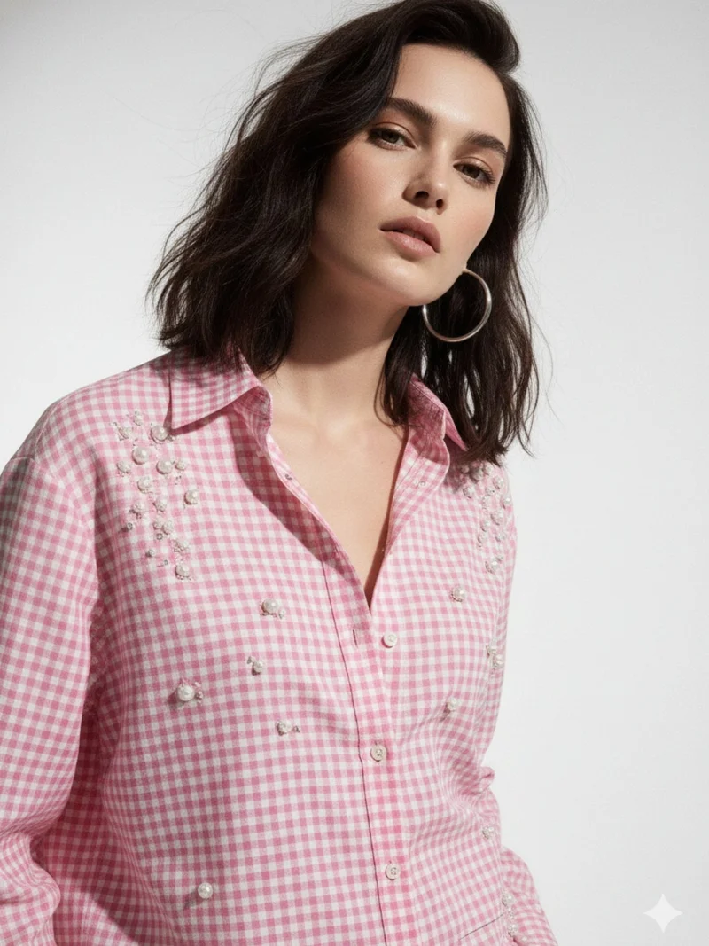 Outzidr  Pink Oversized Check Shirt With Placement Embellishment Detail for Women | Best Price UAE