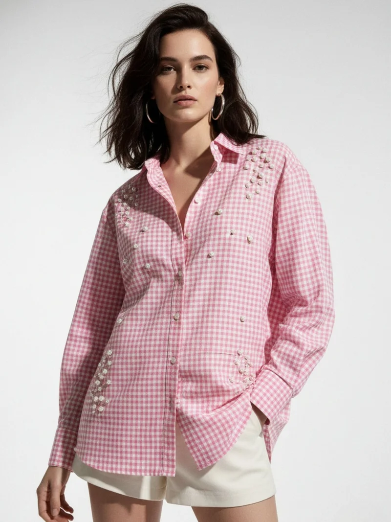 Outzidr  Pink Oversized Check Shirt With Placement Embellishment Detail for Women | Best Price UAE