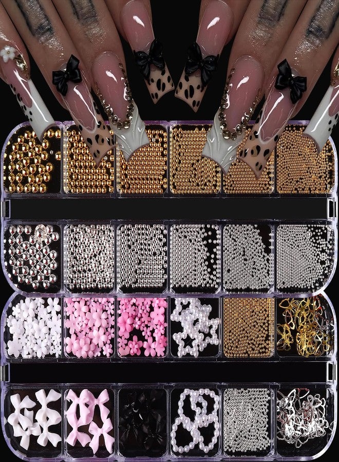 Jremg Bow Nail Charms Kit, Jremg 3D Nail Charms and Gems Flatback Mini Gold Silver Beads Nail Art Charms Multiple Style Blossom Flower Nail Supplies for Manicure Design Nail Decoration 2Boxes - Image 1