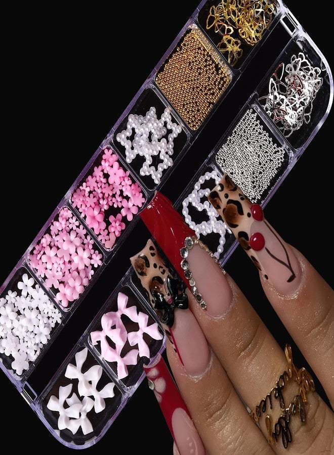 Jremg Bow Nail Charms Kit, Jremg 3D Nail Charms and Gems Flatback Mini Gold Silver Beads Nail Art Charms Multiple Style Blossom Flower Nail Supplies for Manicure Design Nail Decoration 2Boxes - Image 2