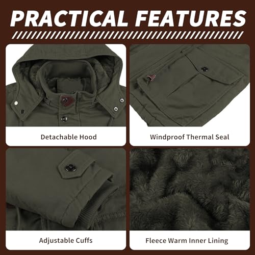 Dr.Cyril Mens Jacket Winter Casual Fleece Lined Cotton Thick Military Tactical Hooded Work Coats with Cargo Pockets， ArmyGreen XXL - Image 5