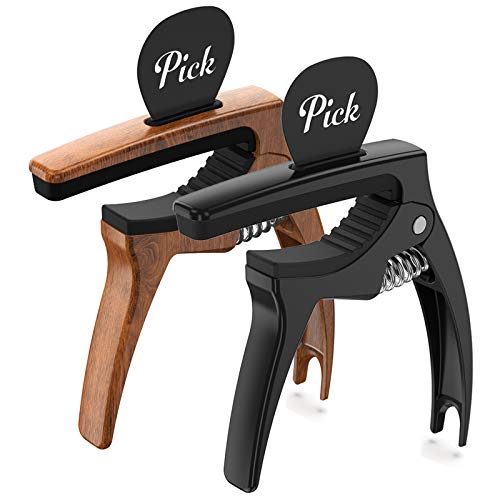 TANMUS 3in1 Guitar Capo for Acoustic and Electric Guitars,2 Pack(with Pick Holder and 6 Picks),Ukulele,Strings Accessories (Black&Wood) - Image 1