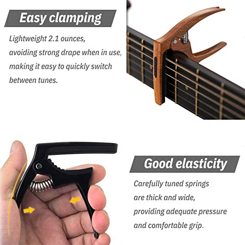 TANMUS 3in1 Guitar Capo for Acoustic and Electric Guitars,2 Pack(with Pick Holder and 6 Picks),Ukulele,Strings Accessories (Black&Wood) - Image 5