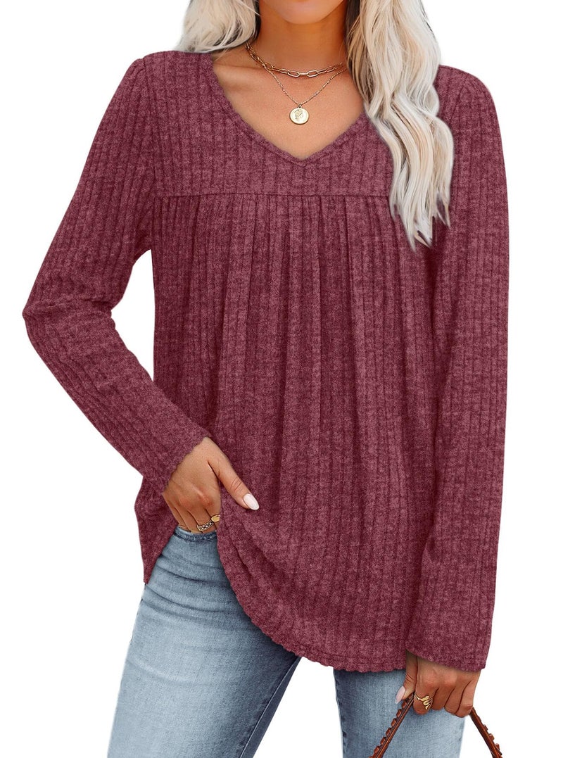 WIHOLL Womens Long Sleeve Tops V Neck Red Tops Dressy Casual Lightweight Sweaters Cute Winter Early Fall Fashion Clothing 2025 Tunic Shirts Old Money Clothes School Outfits for Teachers Red M - Image 2