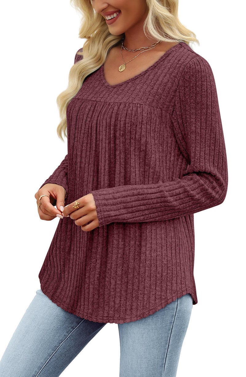 WIHOLL Womens Long Sleeve Tops V Neck Red Tops Dressy Casual Lightweight Sweaters Cute Winter Early Fall Fashion Clothing 2025 Tunic Shirts Old Money Clothes School Outfits for Teachers Red M - Image 4
