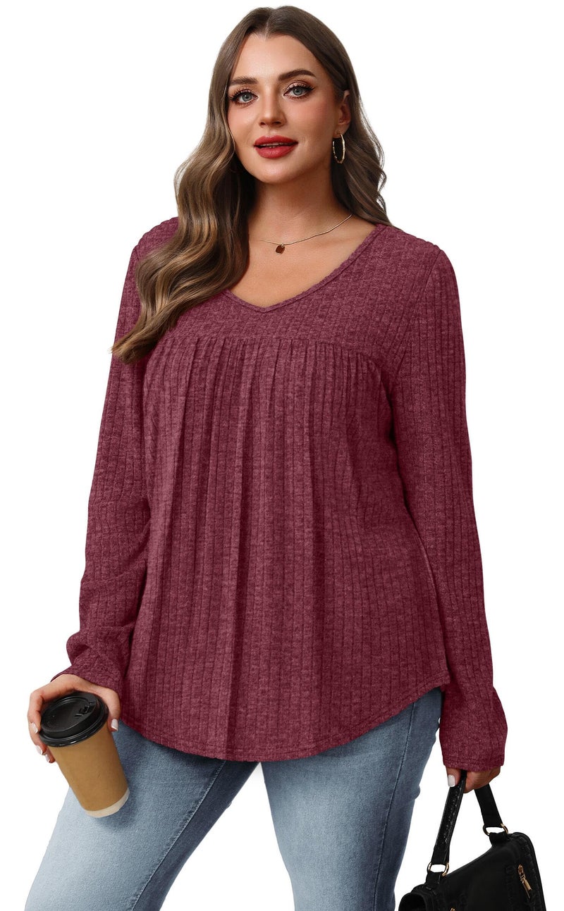 WIHOLL Womens Long Sleeve Tops V Neck Red Tops Dressy Casual Lightweight Sweaters Cute Winter Early Fall Fashion Clothing 2025 Tunic Shirts Old Money Clothes School Outfits for Teachers Red M - Image 3