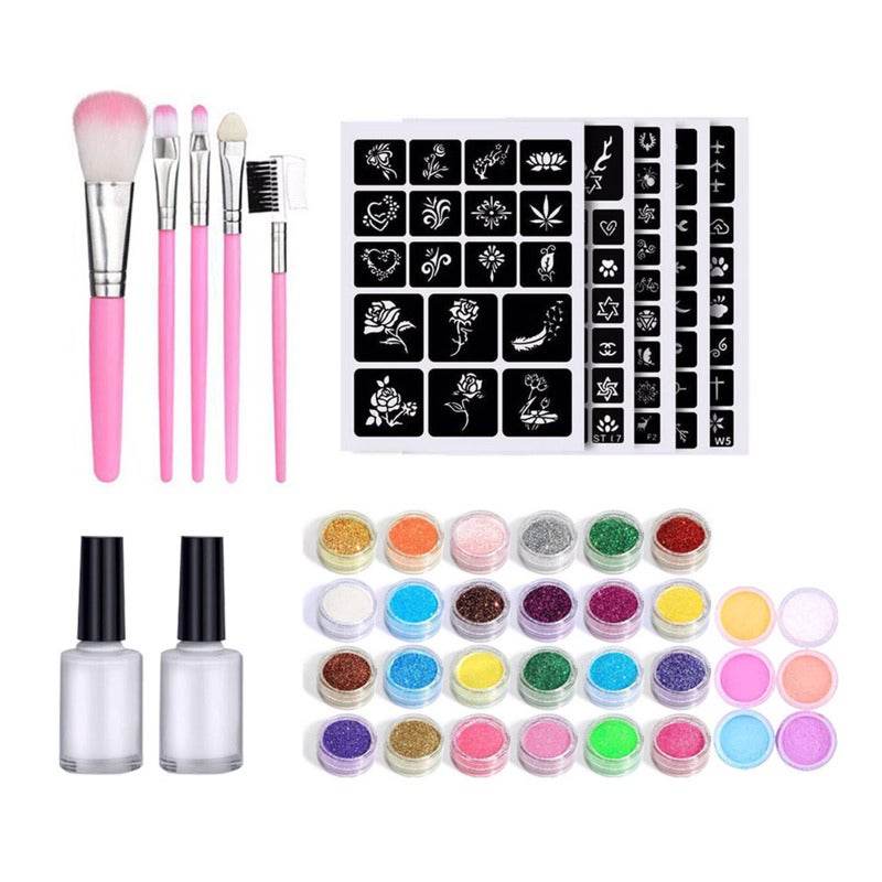 Temporary Tattoo Glitter Powder Kit: 30 Multicolor Bottles With 6 Luminous Shades, Glue, Stencils And Brushes - Versatile Body Face Nail Art Makeup For Home Salon Party DIY Cosmetics - Image 1