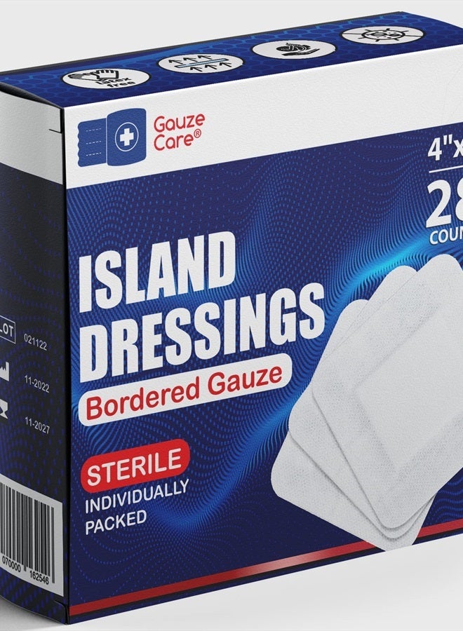 Gauze Care ضمادات جزيرة غاز 4x4 بوصة 28 قطعة | أكياس معقمة مغلفة بشكل فردي | وسادة غير لاصقة 2x2 في المنتصف مع حدود لاصقة أكريليكية | وسادات لاصقة مقاومة للماء للعناية بالجروح والضمادات - Image 1