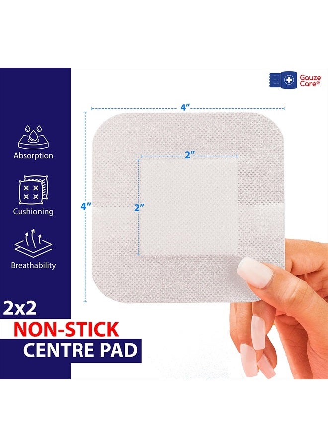 Gauze Care ضمادات جزيرة غاز 4x4 بوصة 28 قطعة | أكياس معقمة مغلفة بشكل فردي | وسادة غير لاصقة 2x2 في المنتصف مع حدود لاصقة أكريليكية | وسادات لاصقة مقاومة للماء للعناية بالجروح والضمادات - Image 2