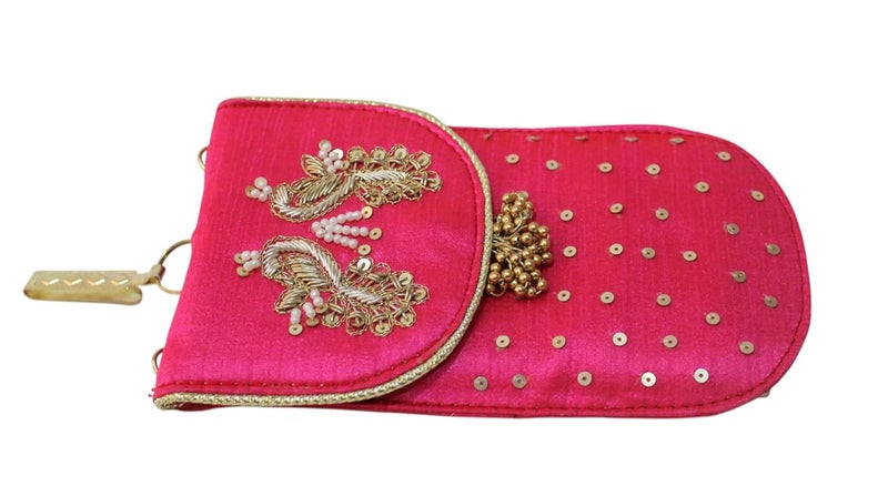 MILAN'S CREATION Mobile Pouch Zardozi & Pearls Hand Embroidery With Waist Clip Hook & Sling Chain (removable) | Ladies Women’s Handbag Wallet Sling Purse | Party Wedding Festival Giveaways Gift - Image 4