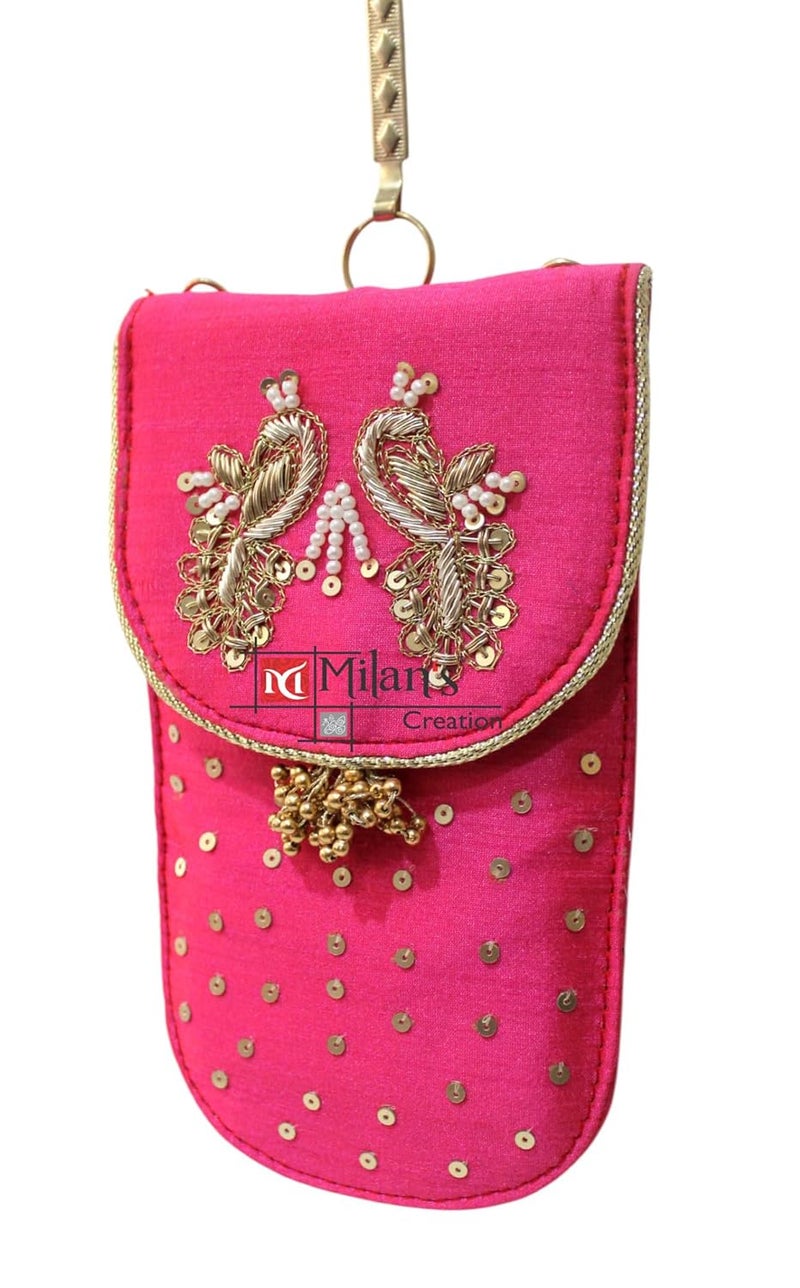 MILAN'S CREATION Mobile Pouch Zardozi & Pearls Hand Embroidery With Waist Clip Hook & Sling Chain (removable) | Ladies Women’s Handbag Wallet Sling Purse | Party Wedding Festival Giveaways Gift - Image 3