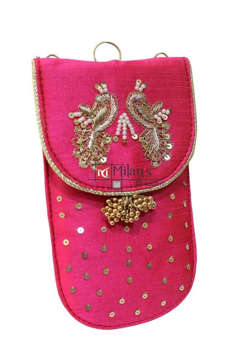 MILAN'S CREATION Mobile Pouch Zardozi & Pearls Hand Embroidery With Waist Clip Hook & Sling Chain (removable) | Ladies Women’s Handbag Wallet Sling Purse | Party Wedding Festival Giveaways Gift - Image 2