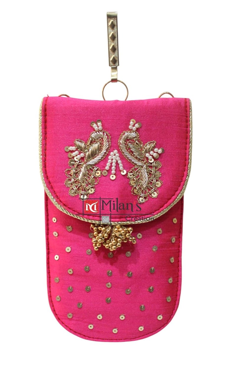 MILAN'S CREATION Mobile Pouch Zardozi & Pearls Hand Embroidery With Waist Clip Hook & Sling Chain (removable) | Ladies Women’s Handbag Wallet Sling Purse | Party Wedding Festival Giveaways Gift - Image 1