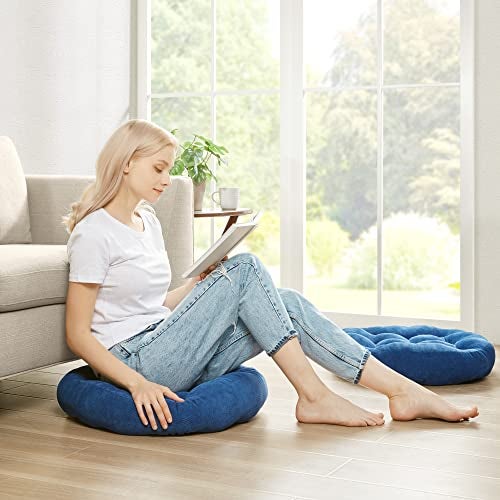 Degrees of Comfort طقم وسائد أرضية من 2، وسائد دائرية كبيرة للجلوس للبالغين، وسائد مخملية محشوة للغرفة المعيشية، لون أزرق بحري، 22 بوصة - Image 4