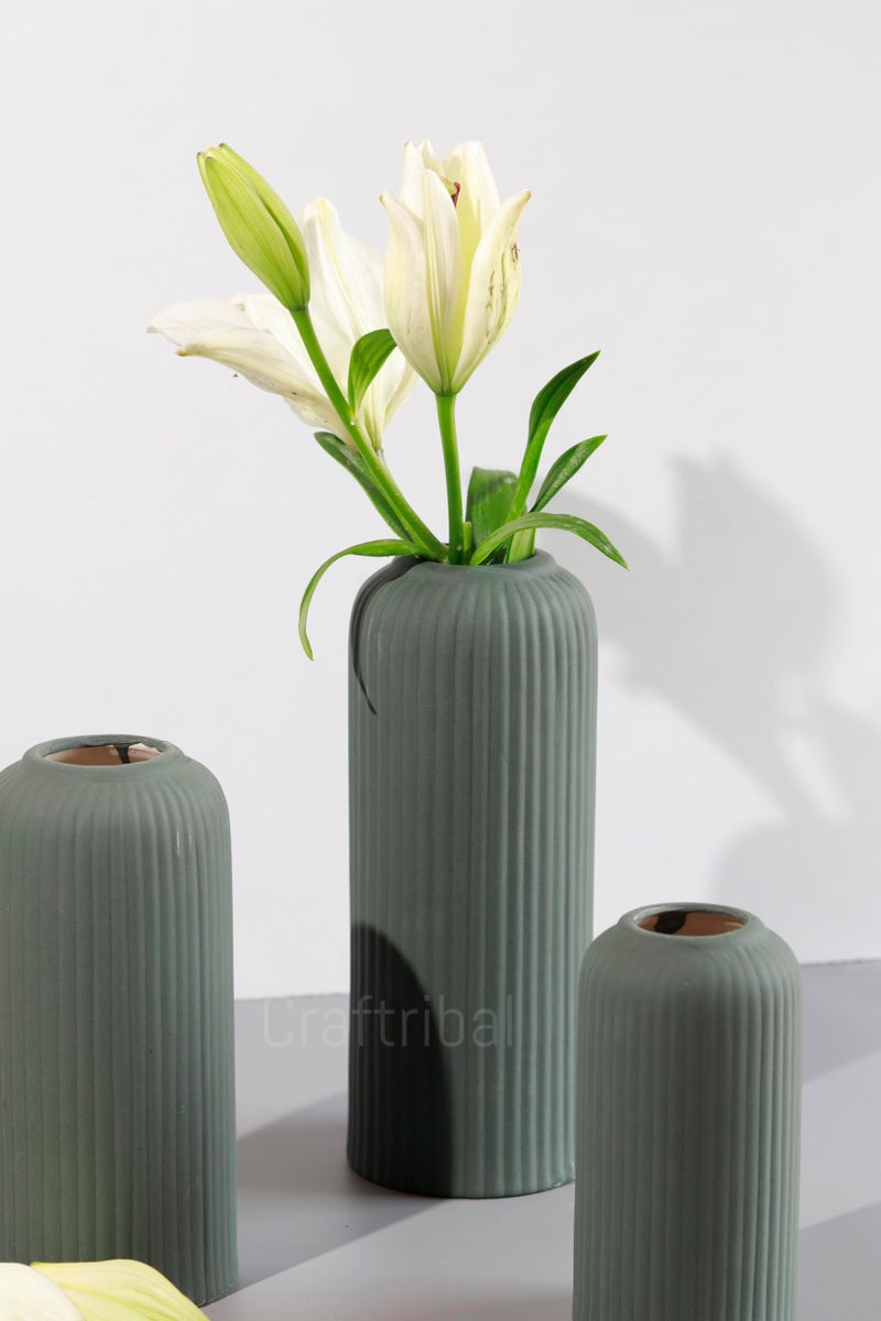 Craftribal's Modern Ceramic Flower Vase for Living Room, Set of 3 Flower Pots for Home Decoration, Vertical Striped Line Vase Olive Green - Image 2