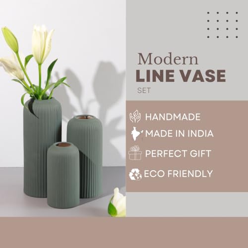 Craftribal's Modern Ceramic Flower Vase for Living Room, Set of 3 Flower Pots for Home Decoration, Vertical Striped Line Vase Olive Green - Image 5