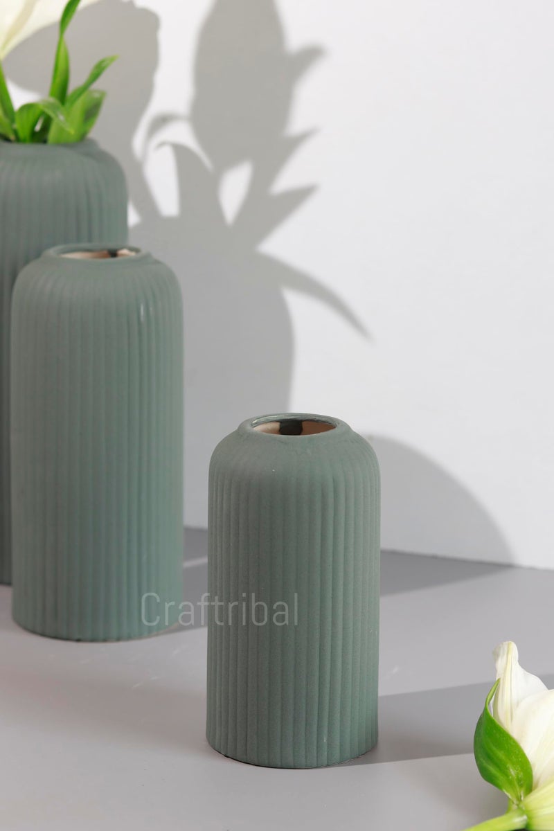 Craftribal's Modern Ceramic Flower Vase for Living Room, Set of 3 Flower Pots for Home Decoration, Vertical Striped Line Vase Olive Green - Image 4