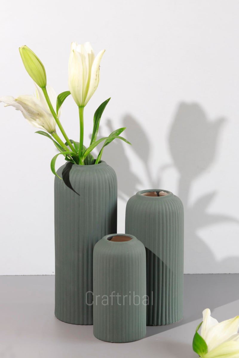 Craftribal's Modern Ceramic Flower Vase for Living Room, Set of 3 Flower Pots for Home Decoration, Vertical Striped Line Vase Olive Green - Image 1