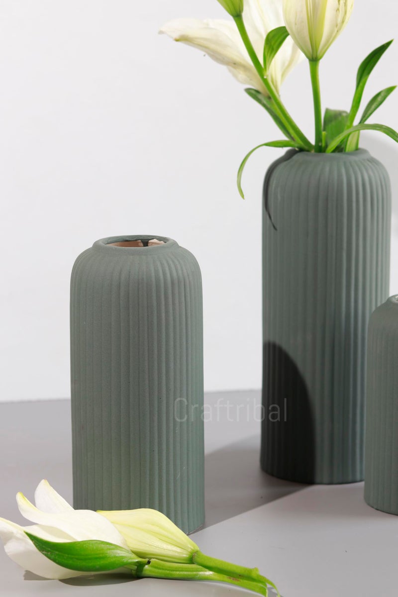 Craftribal's Modern Ceramic Flower Vase for Living Room, Set of 3 Flower Pots for Home Decoration, Vertical Striped Line Vase Olive Green - Image 3