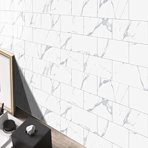 TUOKING 32Pieces Marble Subway Tile Peel and Stick 4x 8 White Stone Composite Waterproof Backsplash Wall Tiles for Kitchen Bathroom FireplaceSJM0132PCS - Image 3