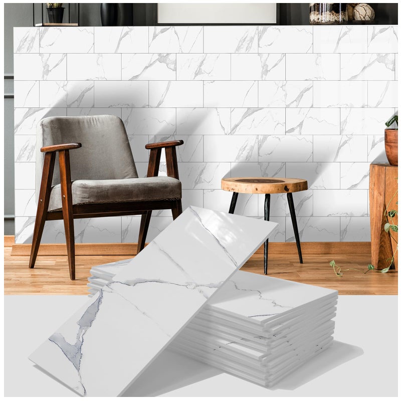 TUOKING 32Pieces Marble Subway Tile Peel and Stick 4x 8 White Stone Composite Waterproof Backsplash Wall Tiles for Kitchen Bathroom FireplaceSJM0132PCS - Image 2