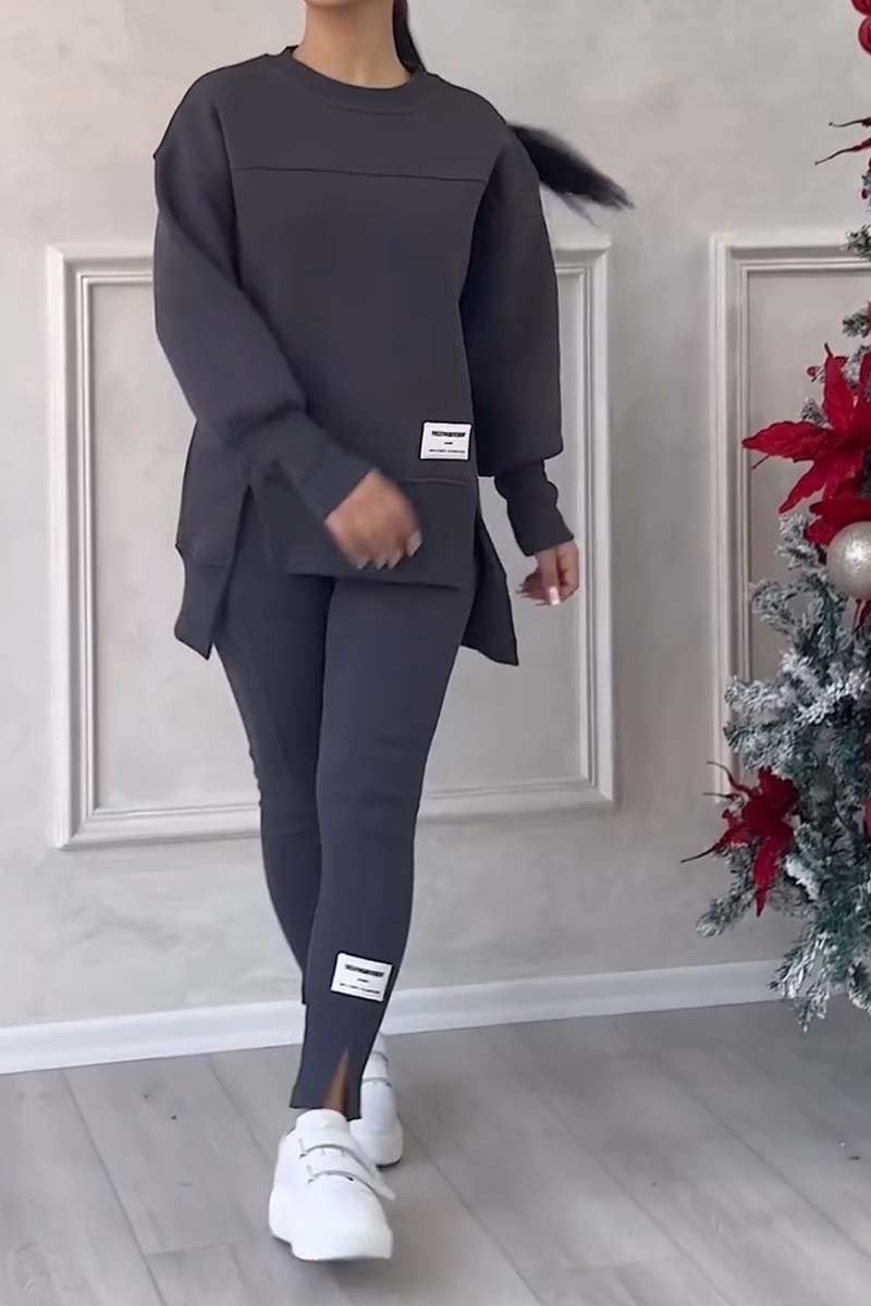 Europe and the United States Amazon independent station cross-border womens irregular long sleeve printed sweater leggings suit Grey - Image 2